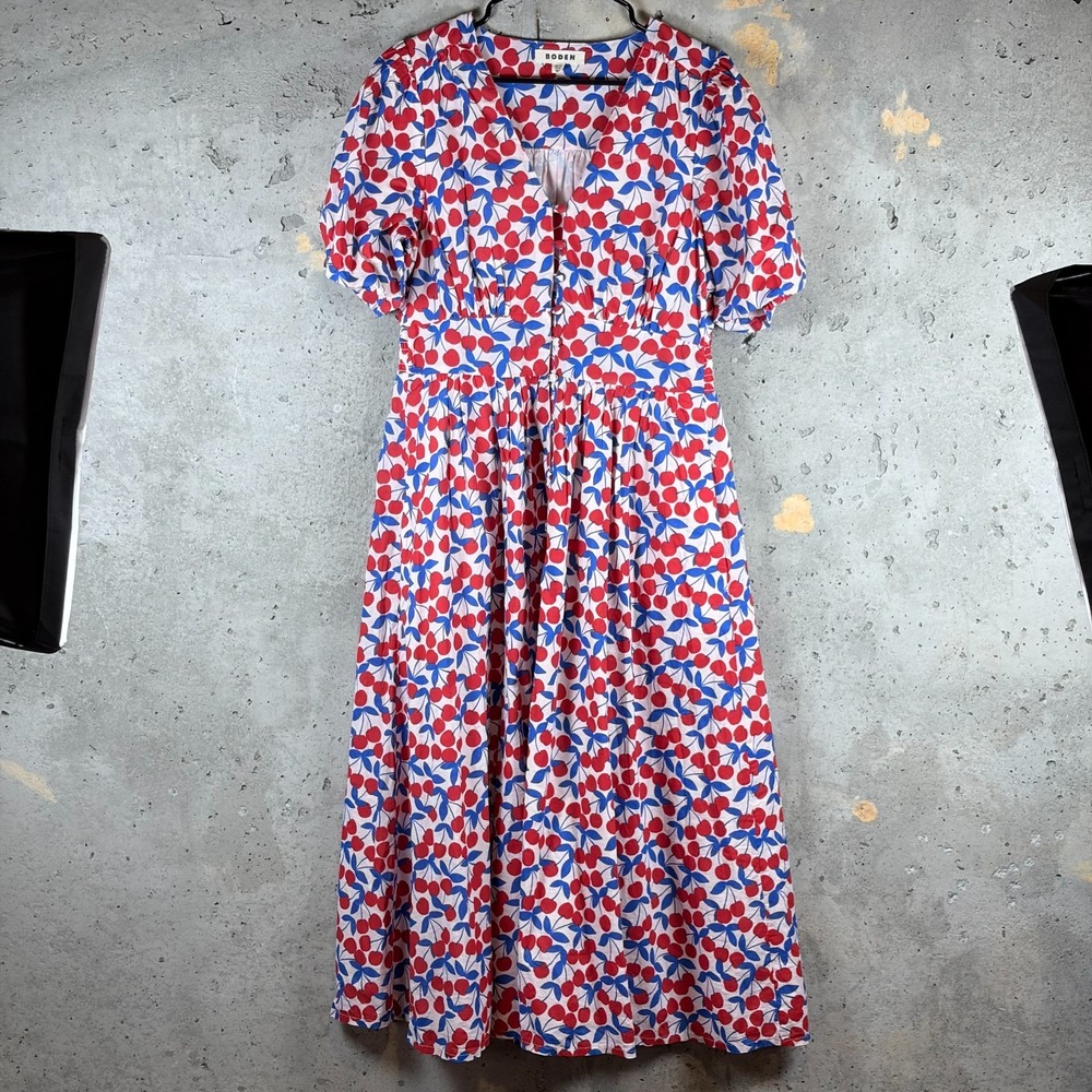 Boden Maxi Dress Womens 10 Multicolor Cherry Print Cotton Smocked V Neck Outdoor